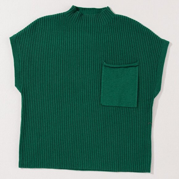 B305 Green Patch Pocket Ribbed Knit Short Sleeve Sweater - Picture 5 of 6